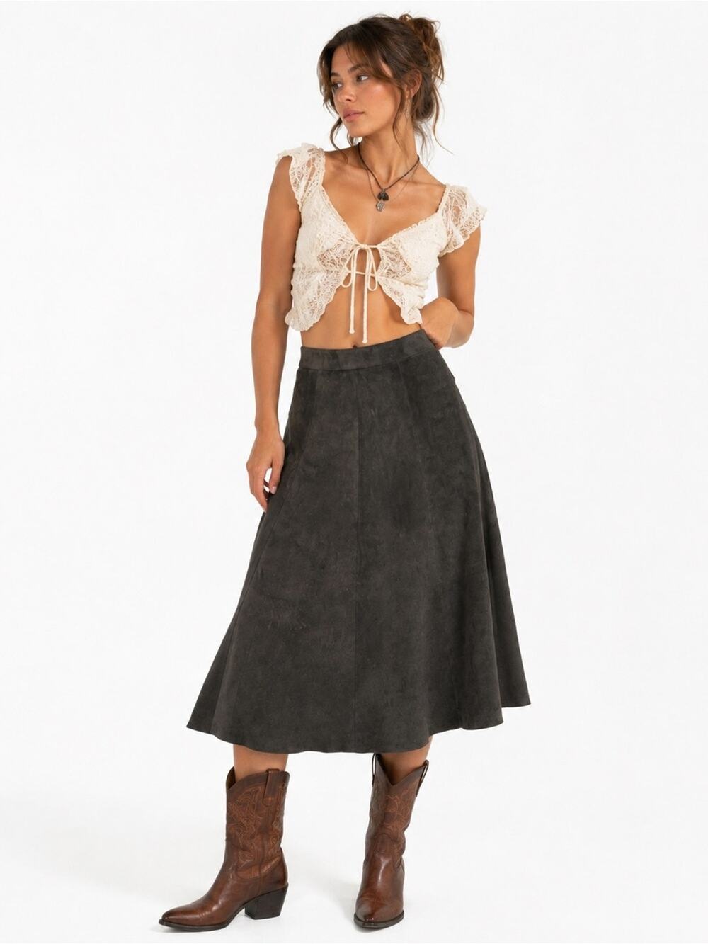 Vintage Scully Suede Dark Gray Genuine Suede A-Line Midi Skirt Women’s S Western